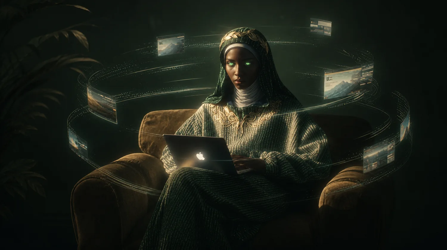Daddy MUPHASA envisioned as a digital oracle — seated with a laptop, surrounded by a ring of screens